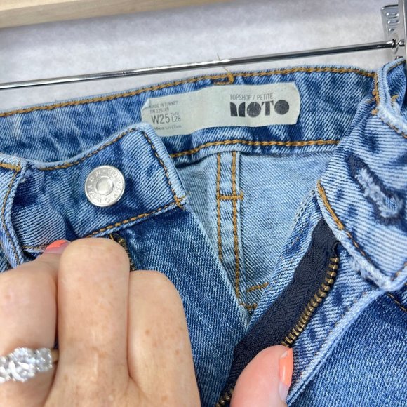 TOPSHOP Womens 25 Petite Stretch Moto Fringe Hem High Rise Denim Jeans Pockets - Picture 6 of 9